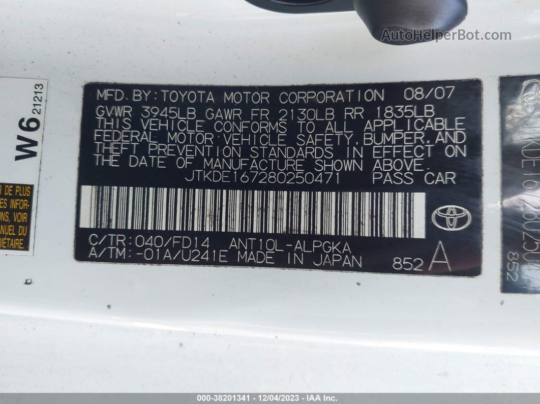 2008 Scion Tc Белый vin: JTKDE167280250471