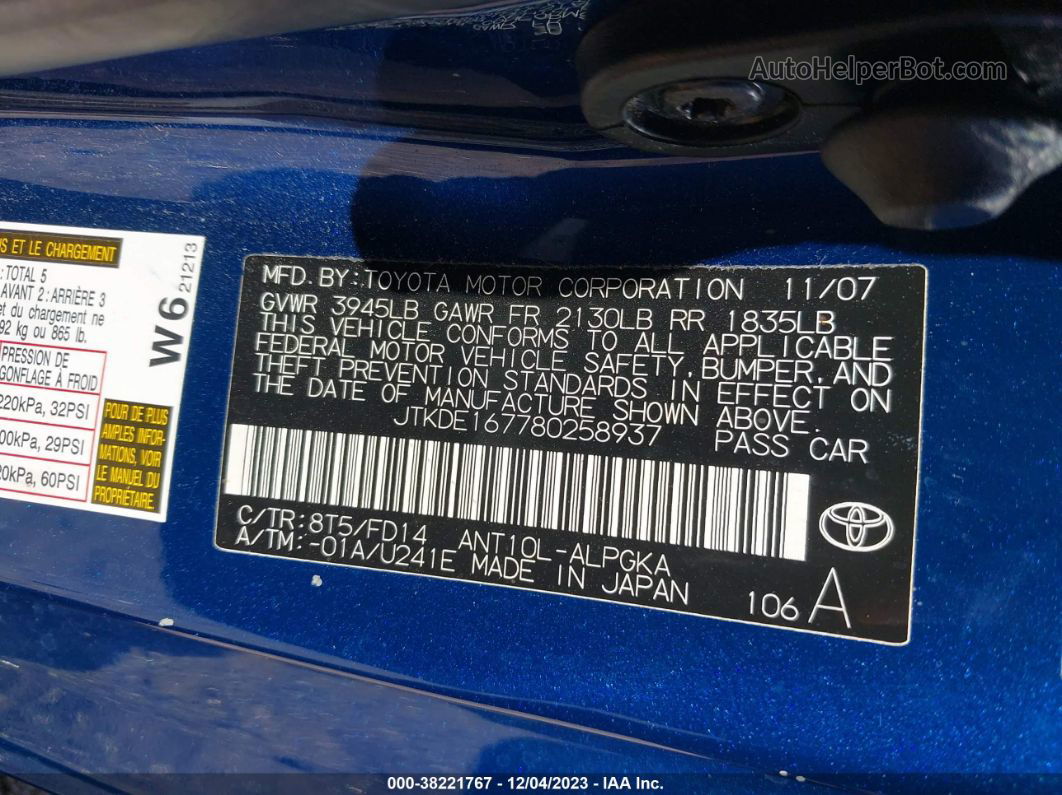 2008 Scion Tc Blue vin: JTKDE167780258937