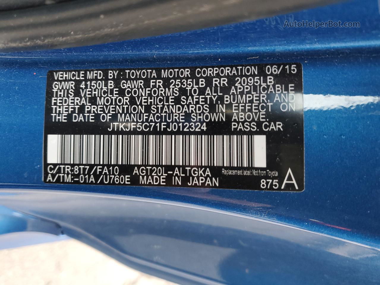 2015 Toyota Scion Tc  Blue vin: JTKJF5C71FJ012324