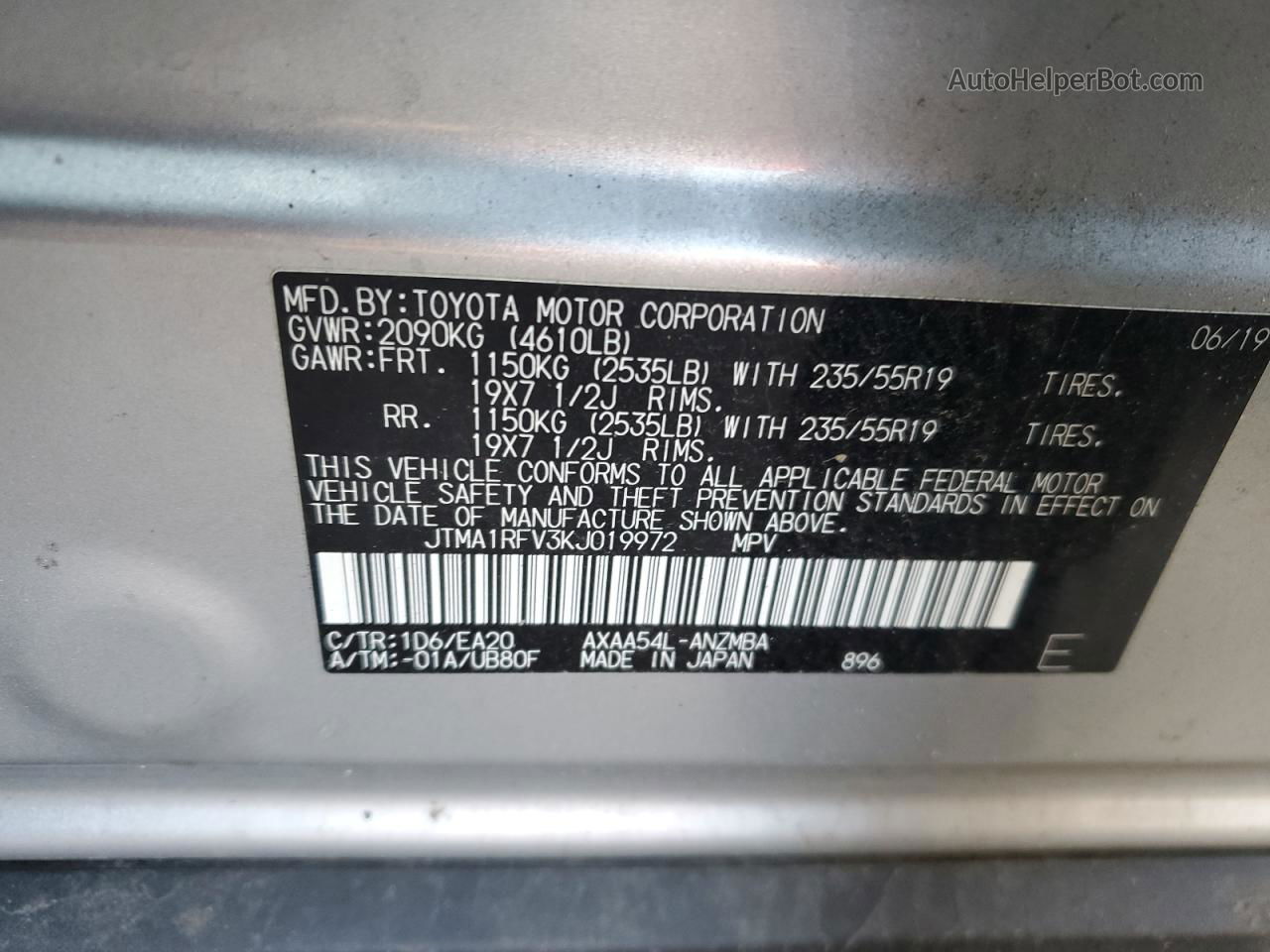 2019 Toyota Rav4 Xle Premium Silver vin: JTMA1RFV3KJ019972