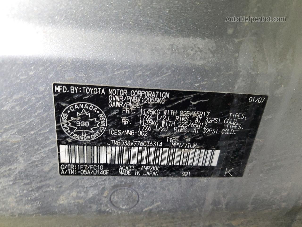 2007 Toyota Rav4  Silver vin: JTMBD33V776036314