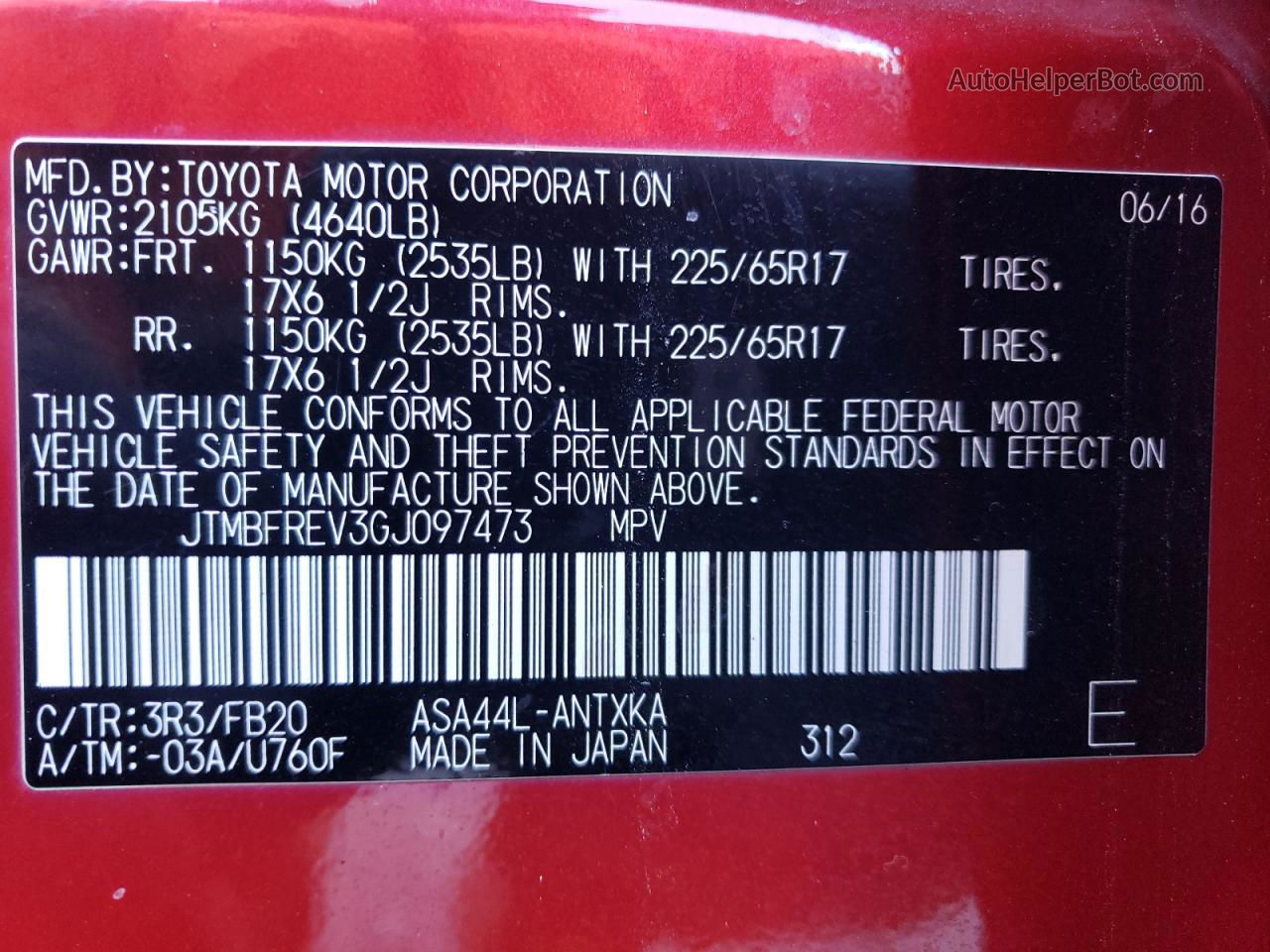 2016 Toyota Rav4 Le Red vin: JTMBFREV3GJ097473