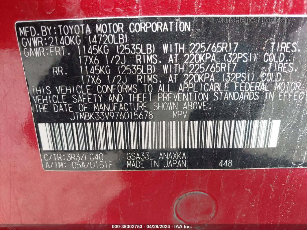 2007 Toyota Rav4 Base V6 Красный vin: JTMBK33V976015678