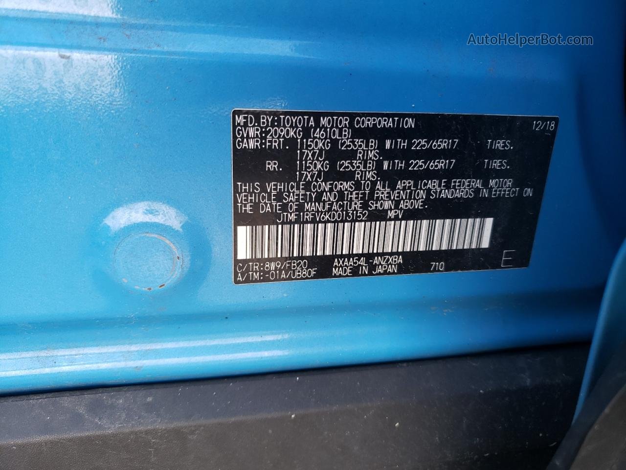 2019 Toyota Rav4 Le Blue vin: JTMF1RFV6KD013152