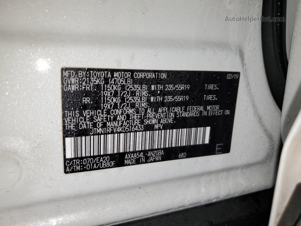 2019 Toyota Rav4 Limited White vin: JTMN1RFV4KD516433