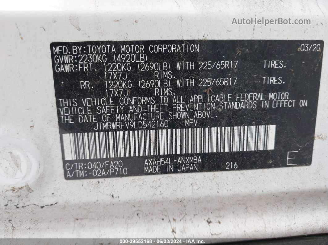 2020 Toyota Rav4 Xle Hybrid Белый vin: JTMRWRFV9LD542160