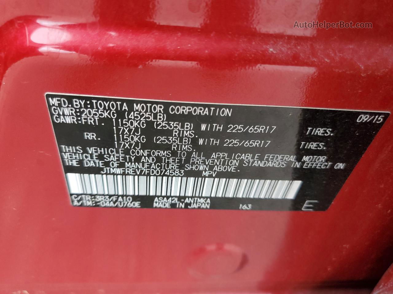 2015 Toyota Rav4 Xle Red vin: JTMWFREV7FD074583