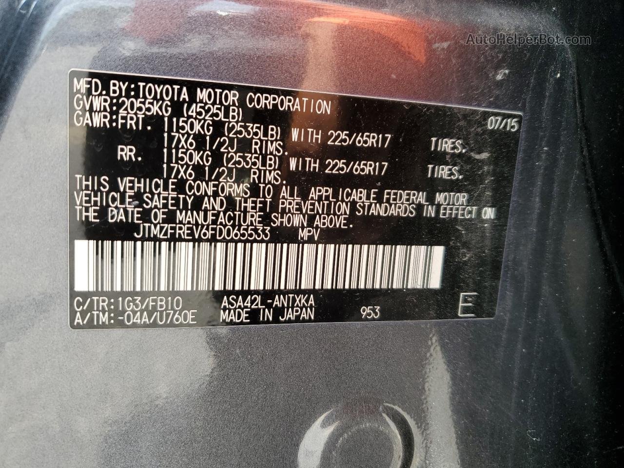 2015 Toyota Rav4 Le Gray vin: JTMZFREV6FD065533