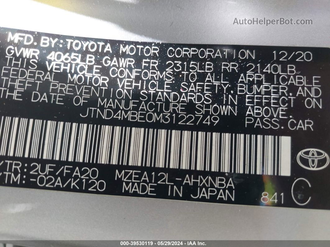 2021 Toyota Corolla Se Silver vin: JTND4MBE0M3122749