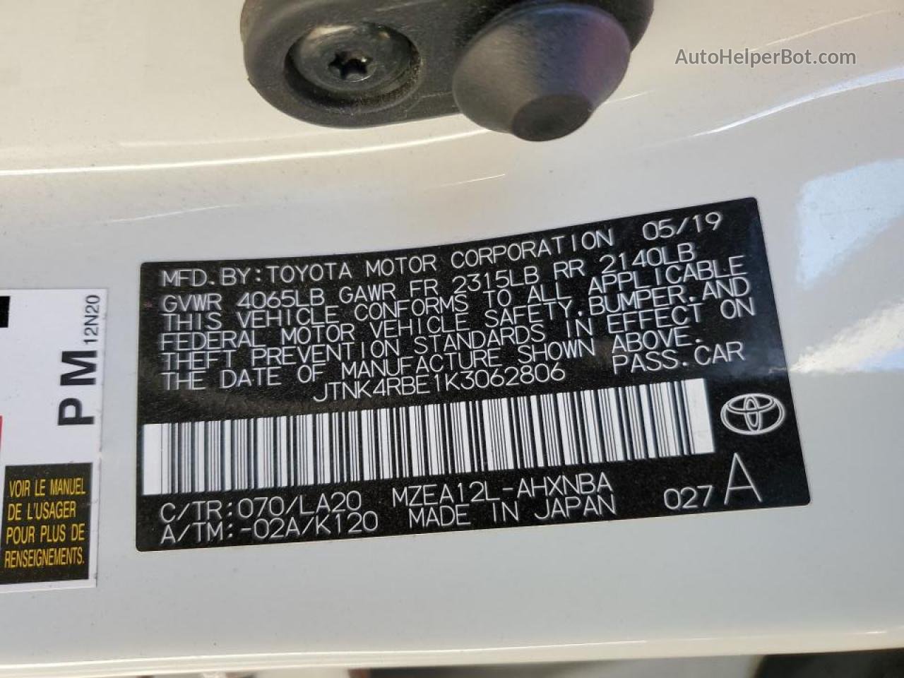 2019 Toyota Corolla Se White vin: JTNK4RBE1K3062806