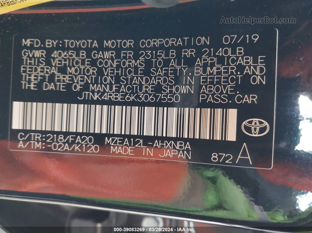 2019 Toyota Corolla Se Black vin: JTNK4RBE6K3067550