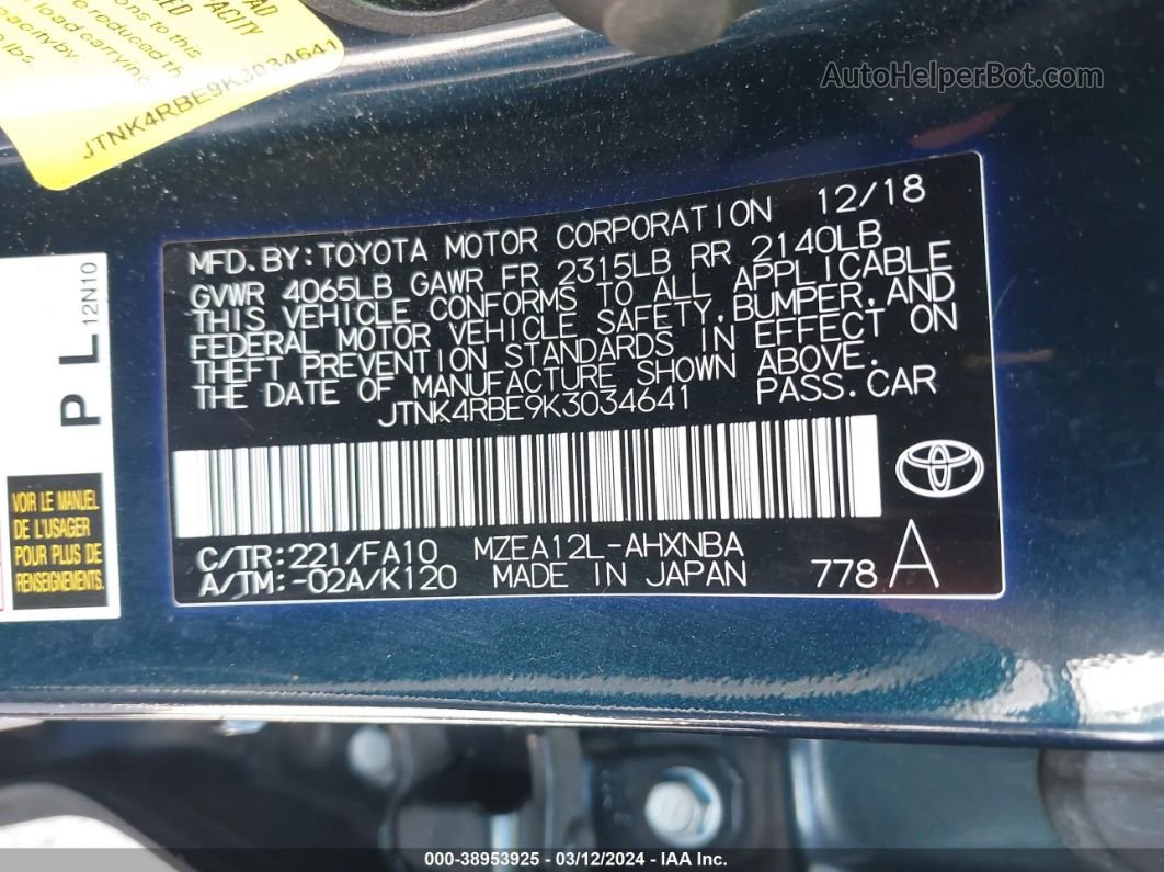 2019 Toyota Corolla Se Dark Blue vin: JTNK4RBE9K3034641