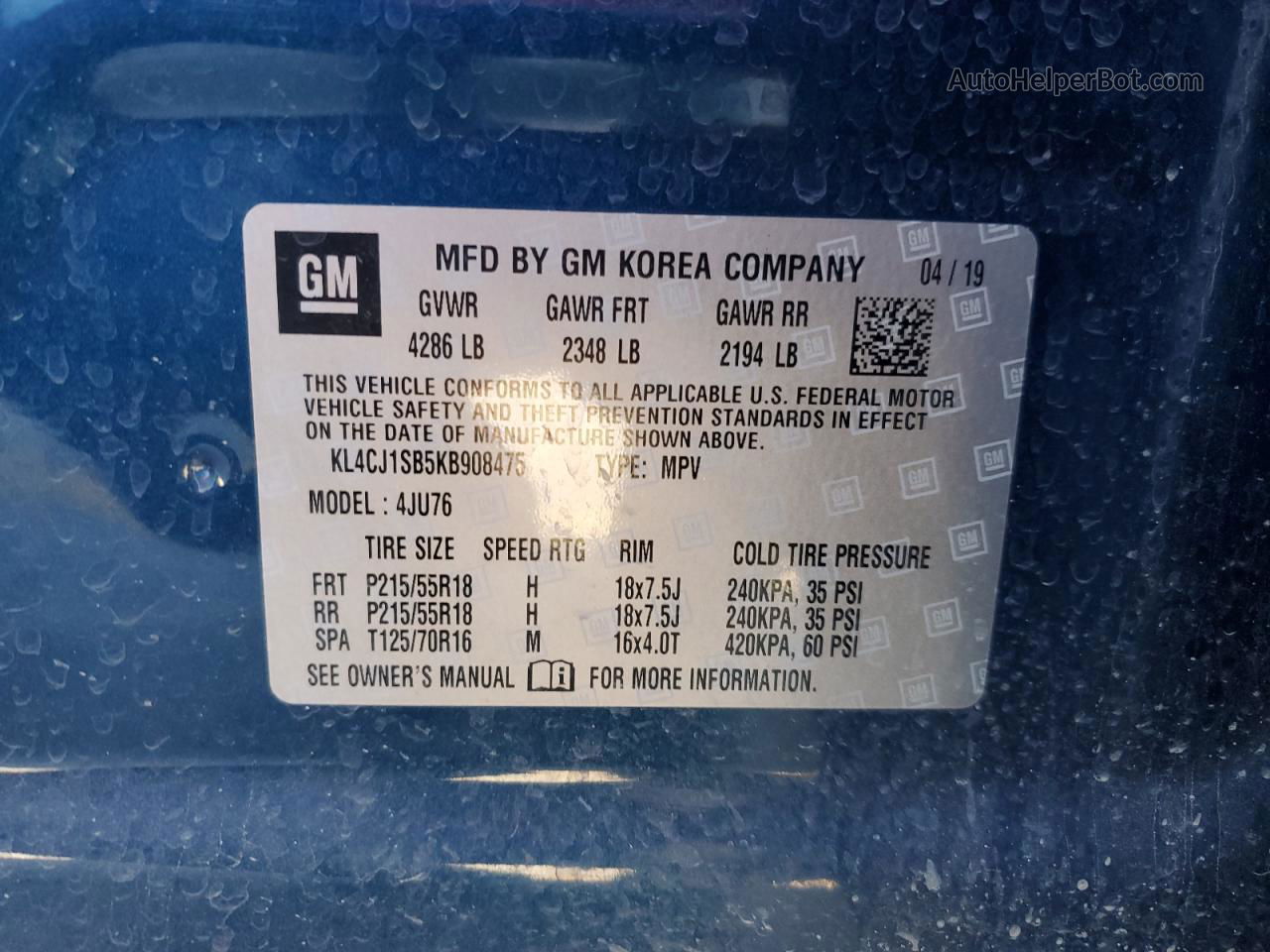 2019 Buick Encore Sport Touring Blue vin: KL4CJ1SB5KB908475