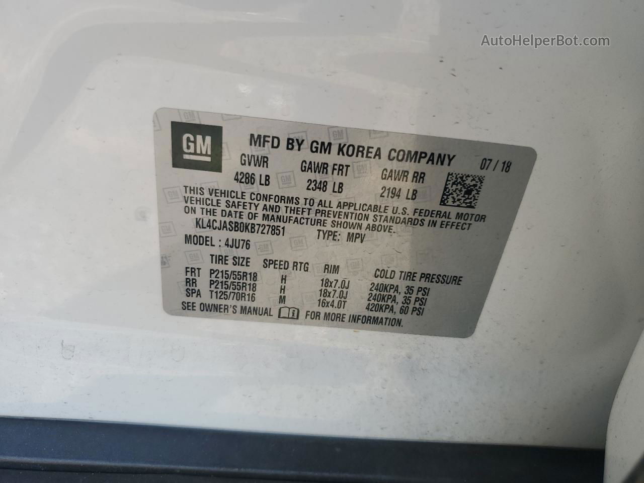 2019 Buick Encore Preferred White vin: KL4CJASB0KB727851