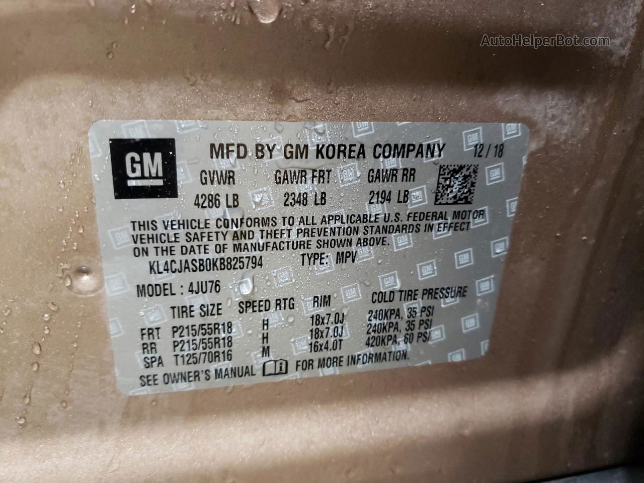 2019 Buick Encore Preferred Tan vin: KL4CJASB0KB825794