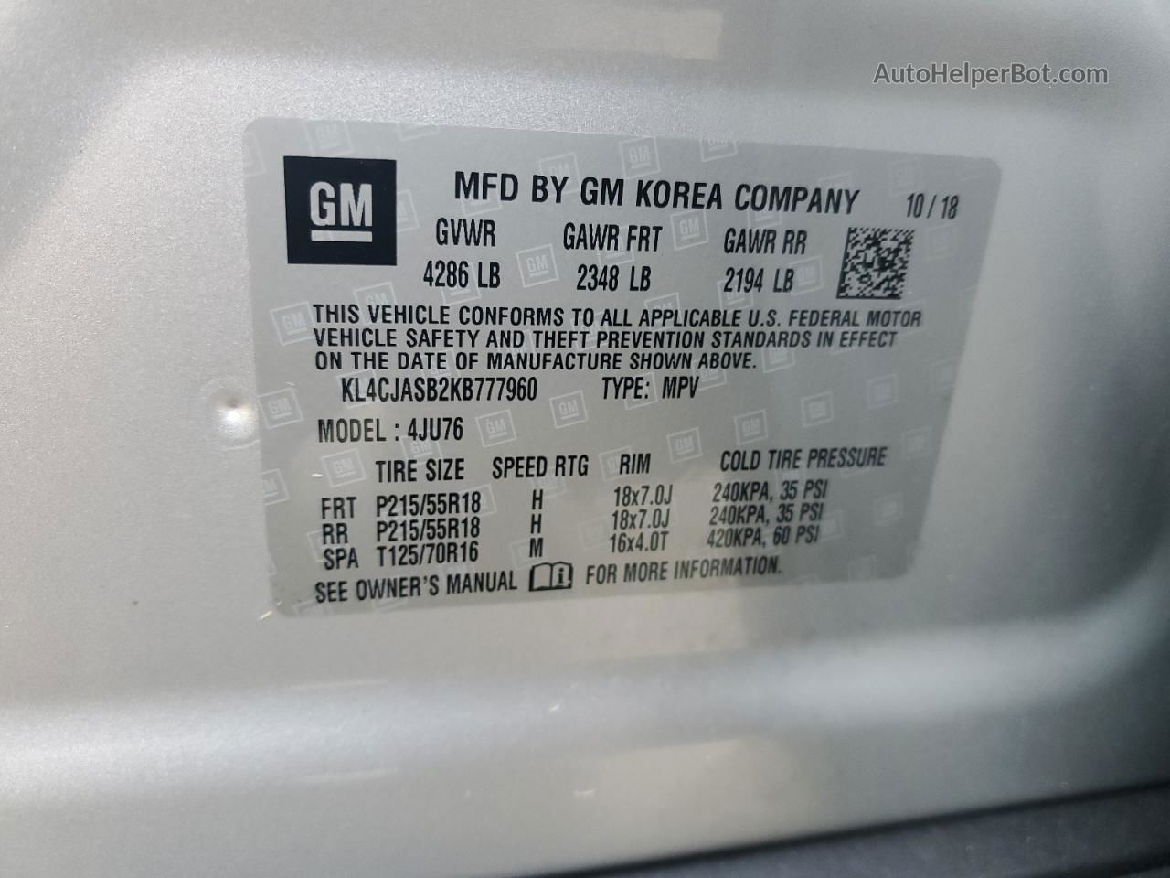 2019 Buick Encore Preferred Silver vin: KL4CJASB2KB777960