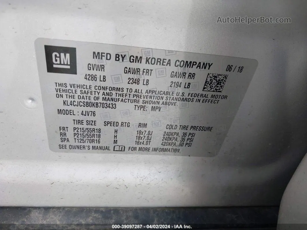 2019 Buick Encore Fwd Essence Серебряный vin: KL4CJCSB0KB703433