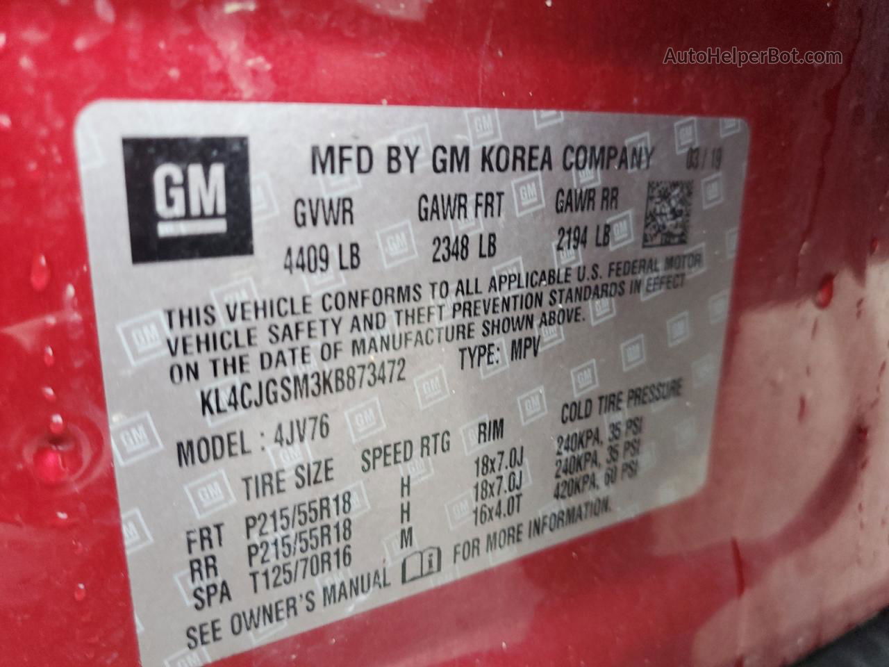 2019 Buick Encore Essence Red vin: KL4CJGSM3KB873472