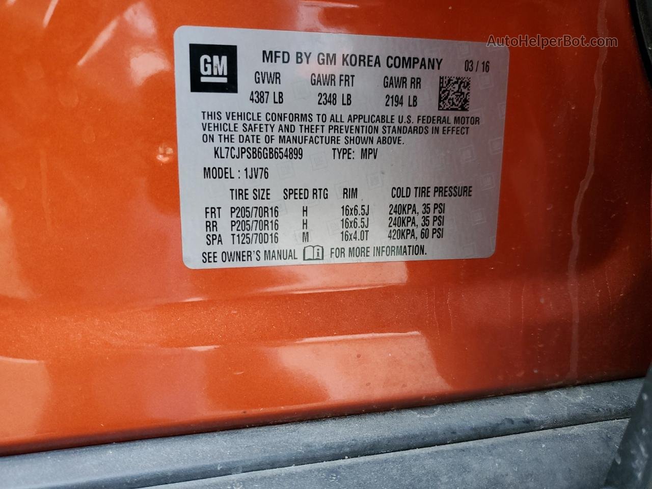 2016 Chevrolet Trax 1lt Оранжевый vin: KL7CJPSB6GB654899