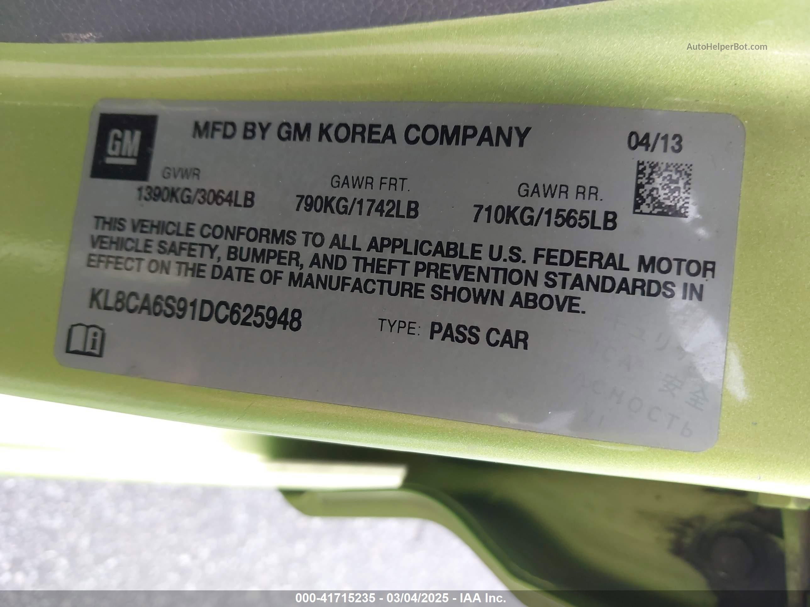 2013 Chevrolet Spark Ls Manual Green vin: KL8CA6S91DC625948