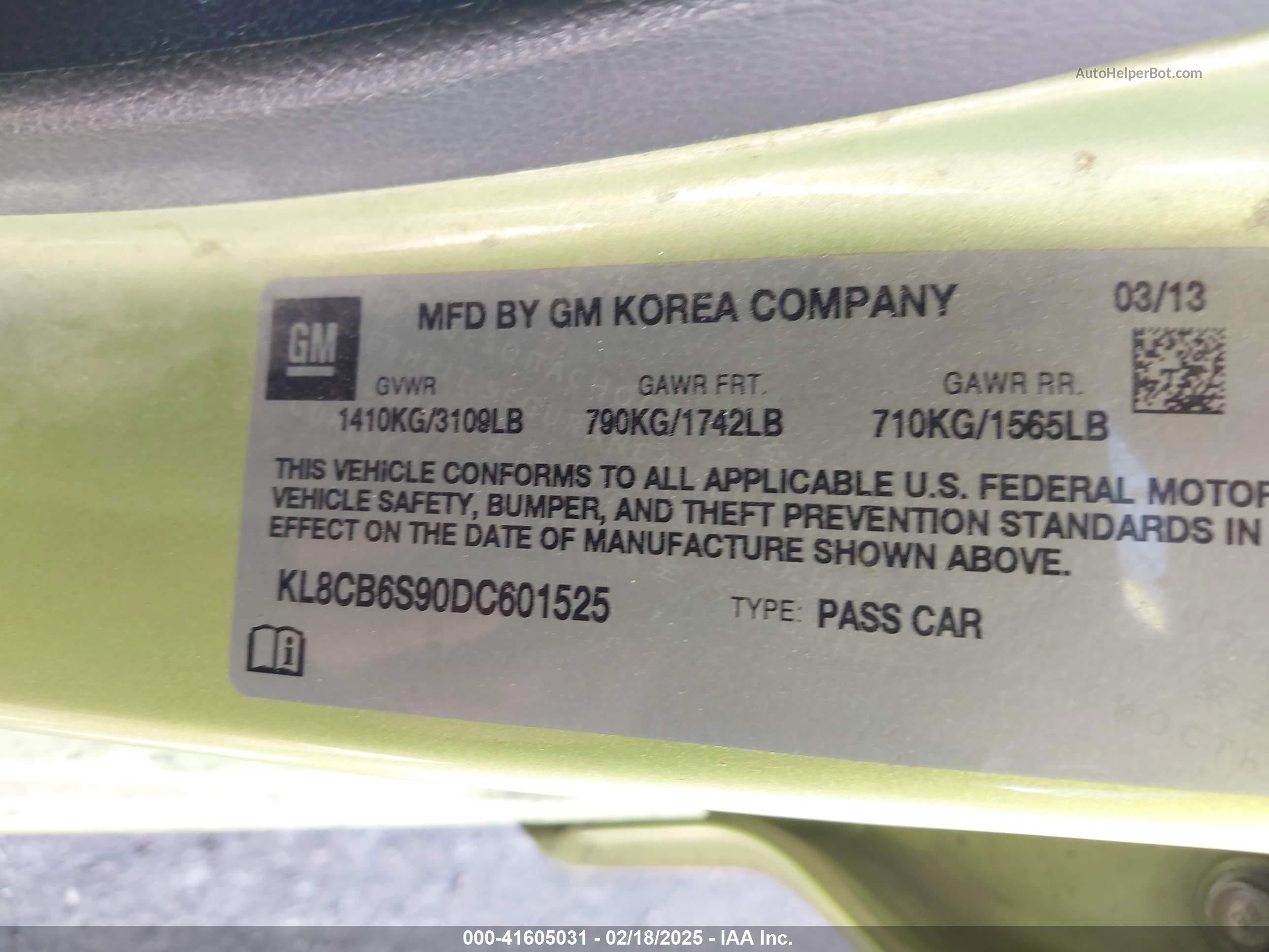 2013 Chevrolet Spark Ls Auto Зеленый vin: KL8CB6S90DC601525