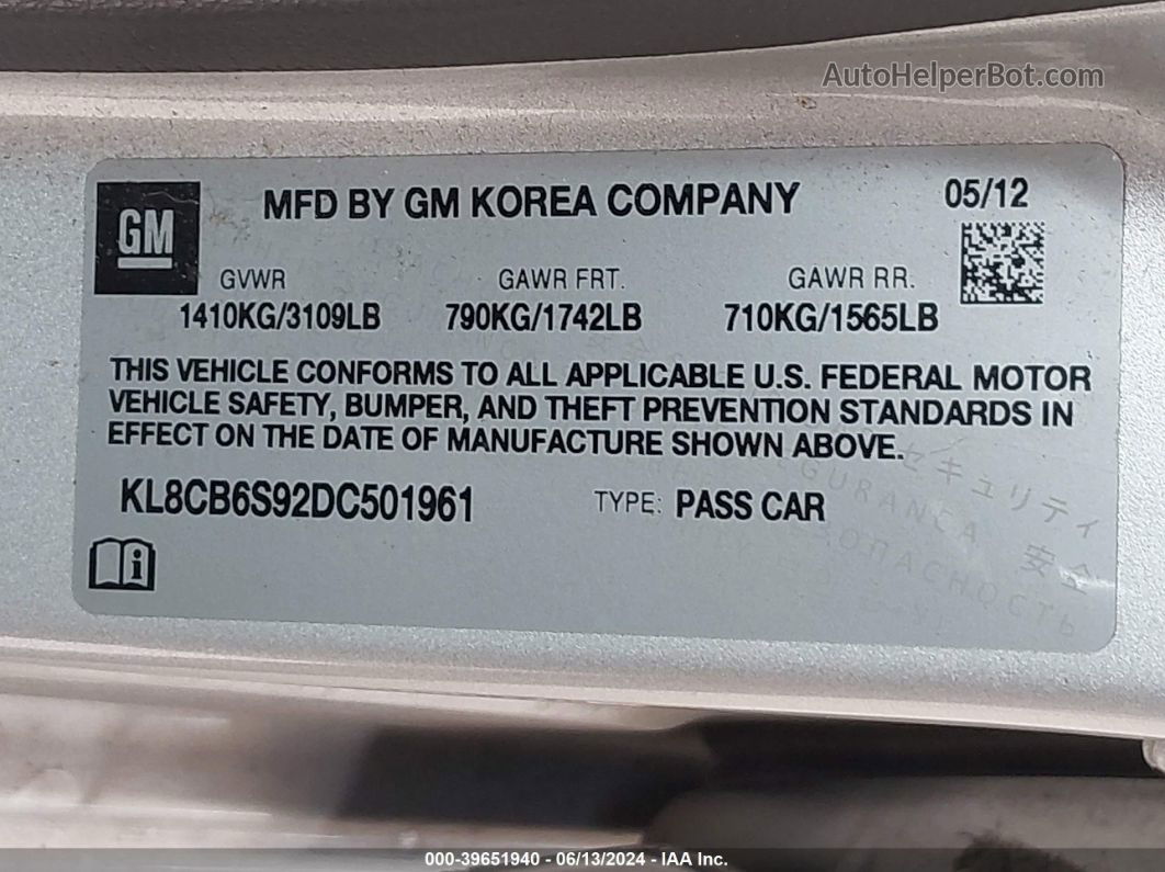 2013 Chevrolet Spark Ls Auto Silver vin: KL8CB6S92DC501961