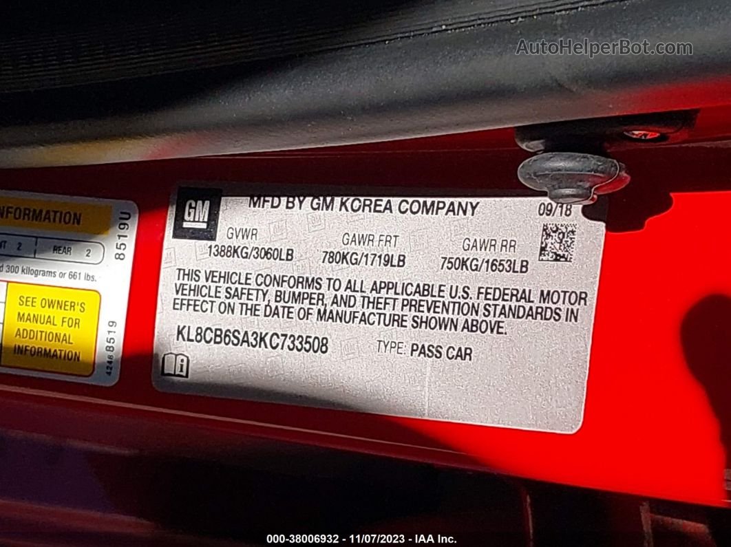 2019 Chevrolet Spark Ls Cvt Красный vin: KL8CB6SA3KC733508