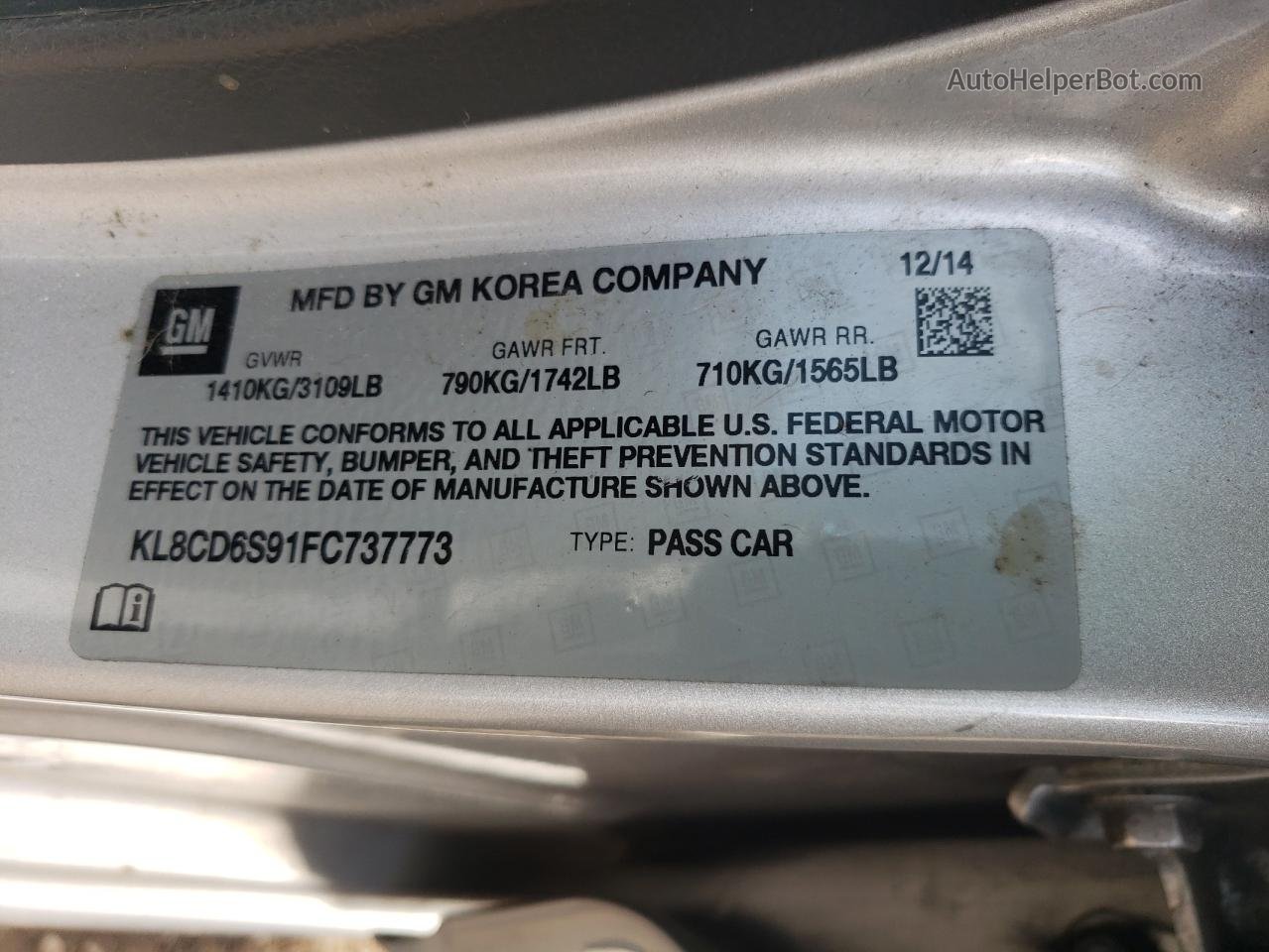 2015 Chevrolet Spark 1lt Silver vin: KL8CD6S91FC737773