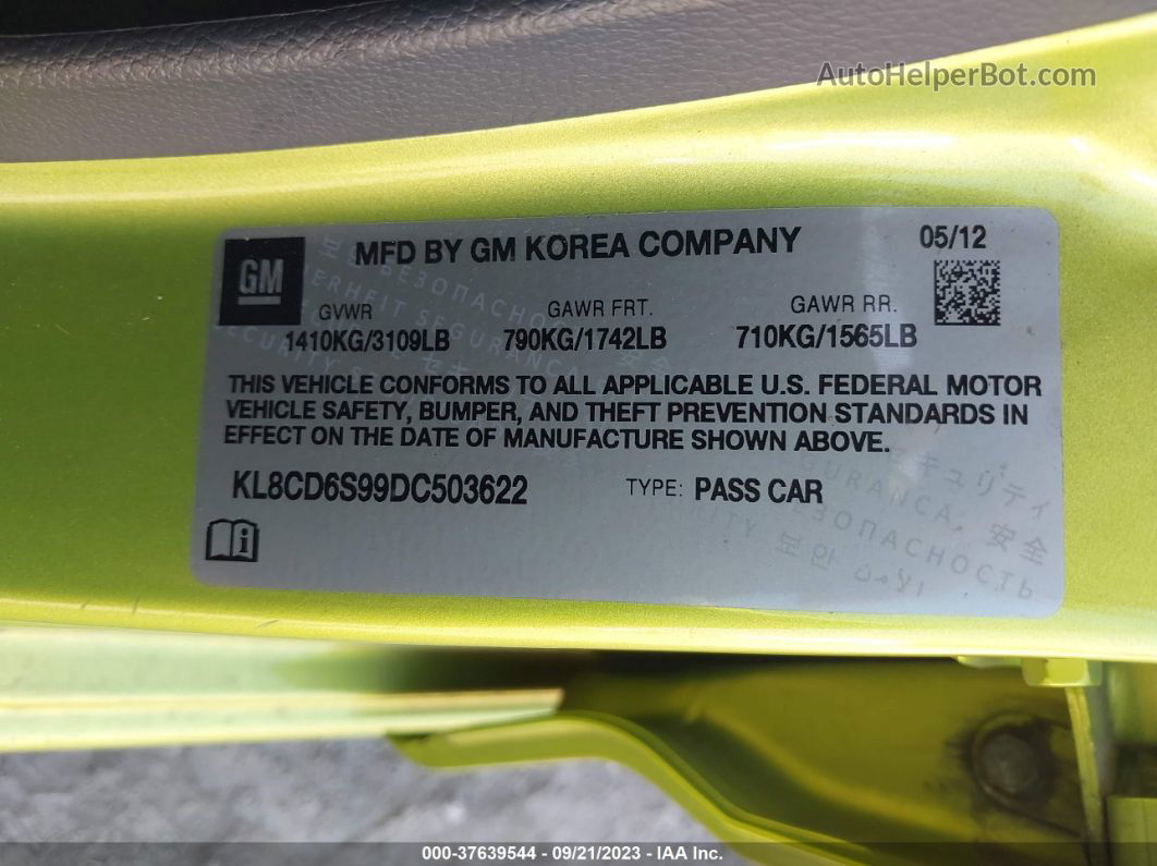 2013 Chevrolet Spark Lt Green vin: KL8CD6S99DC503622