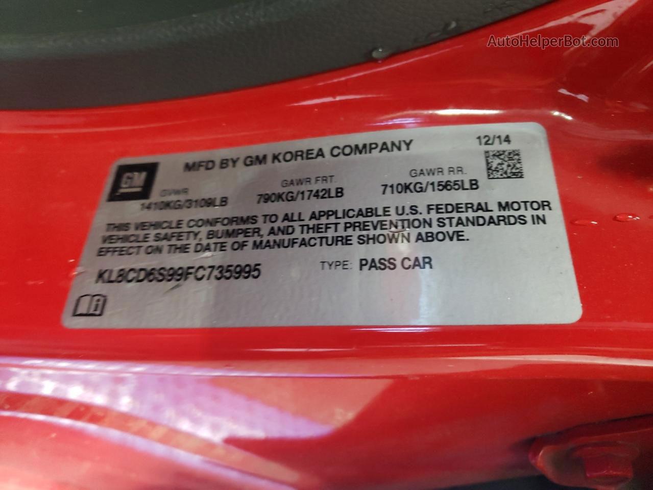 2015 Chevrolet Spark 1lt Красный vin: KL8CD6S99FC735995