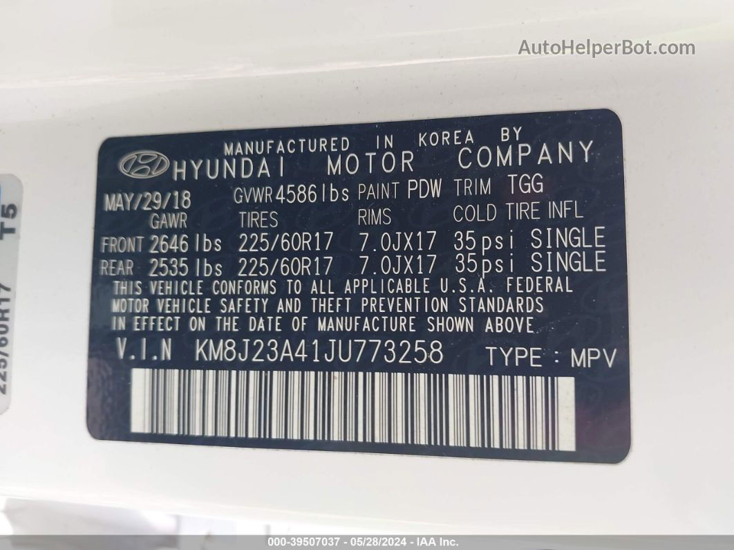 2018 Hyundai Tucson Se Белый vin: KM8J23A41JU773258