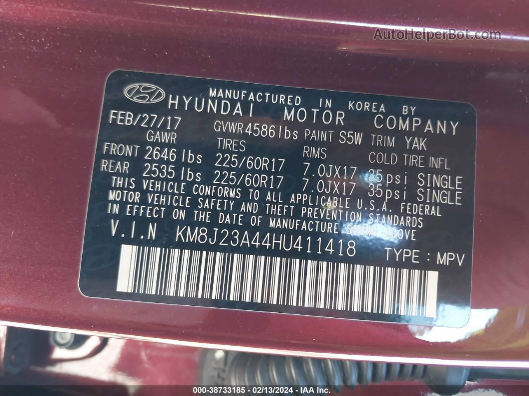 2017 Hyundai Tucson Se Burgundy vin: KM8J23A44HU411418