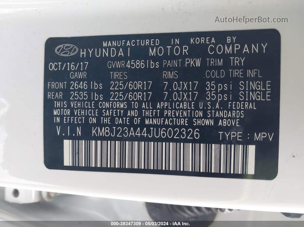 2018 Hyundai Tucson Se White vin: KM8J23A44JU602326