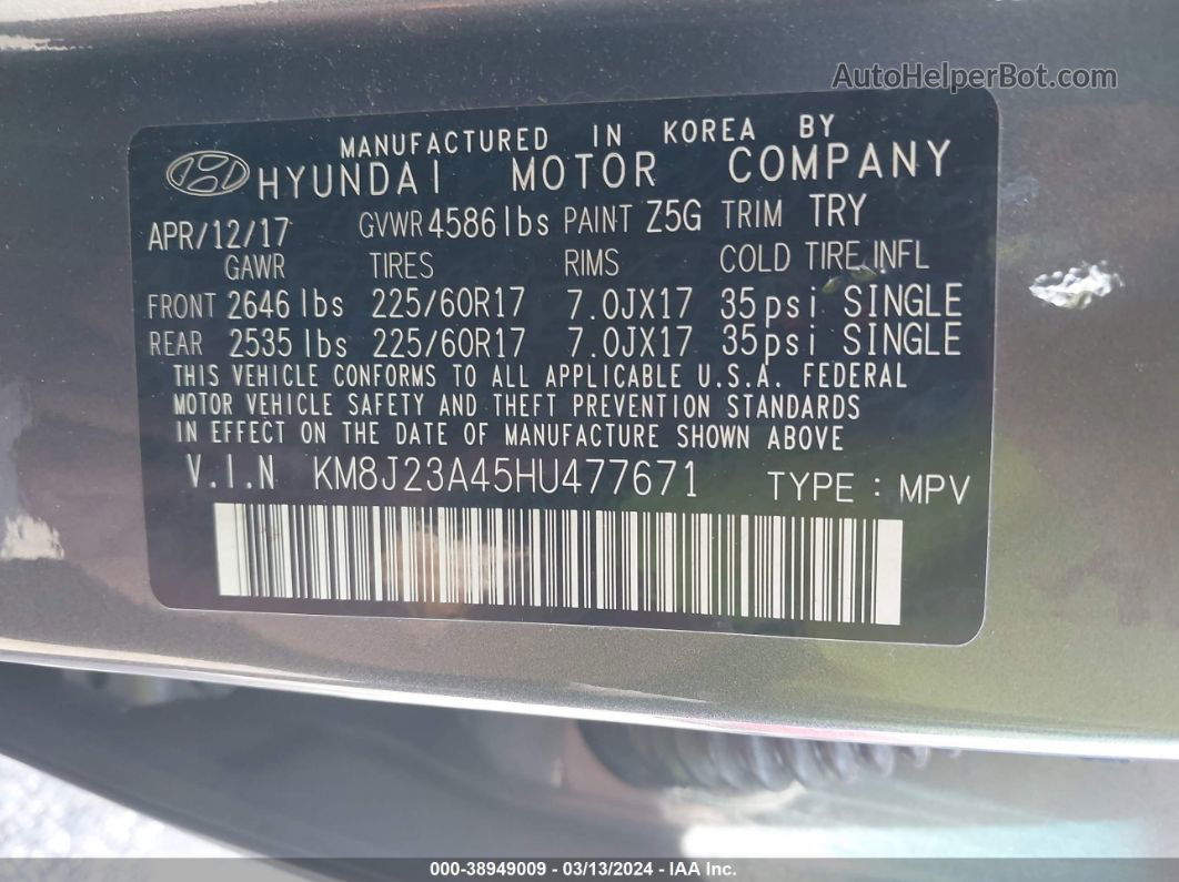 2017 Hyundai Tucson Se Gray vin: KM8J23A45HU477671