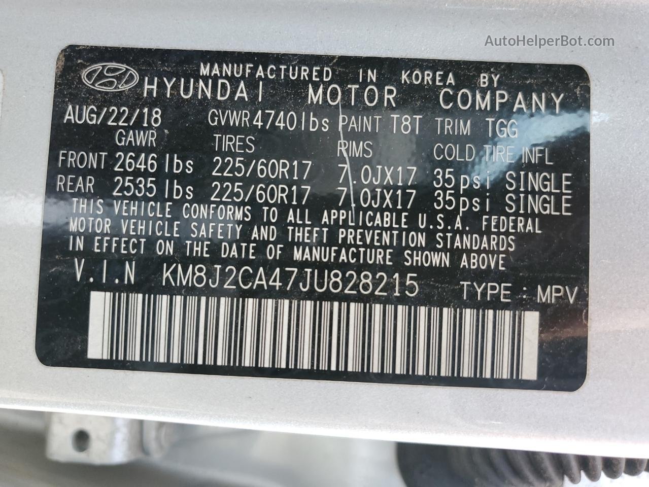 2018 Hyundai Tucson Se Silver vin: KM8J2CA47JU828215