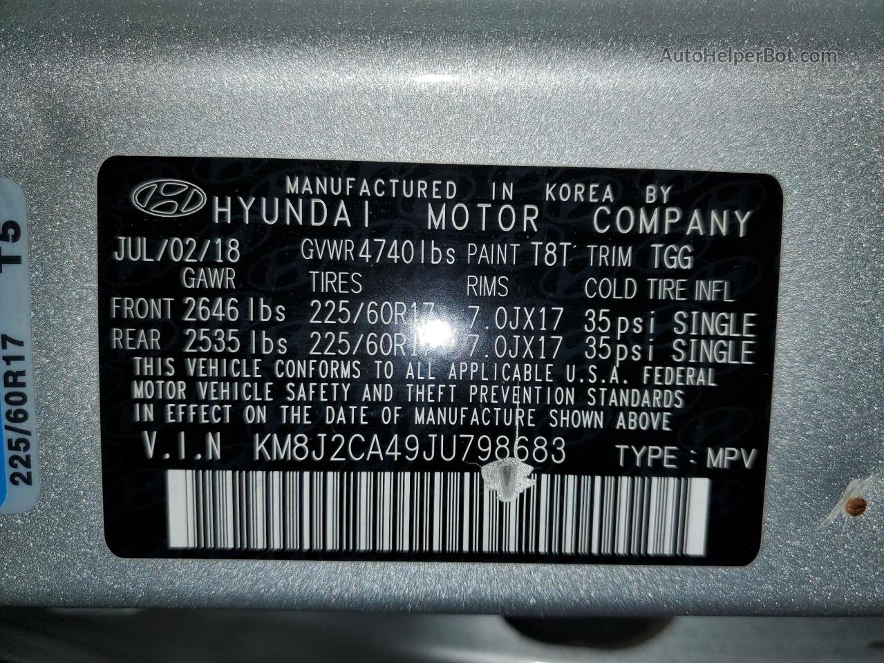 2018 Hyundai Tucson Se Silver vin: KM8J2CA49JU798683