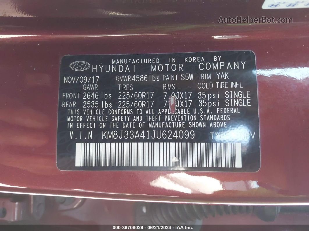 2018 Hyundai Tucson Sel Бордовый vin: KM8J33A41JU624099