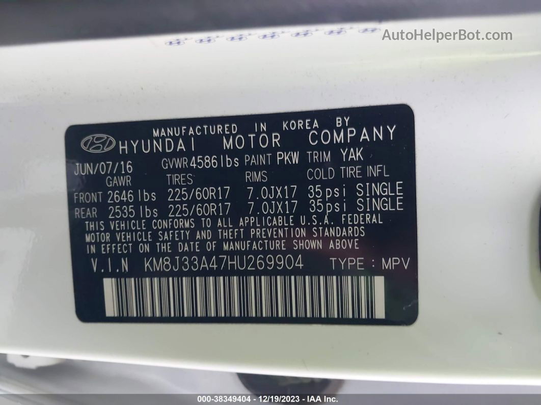 2017 Hyundai Tucson Se White vin: KM8J33A47HU269904