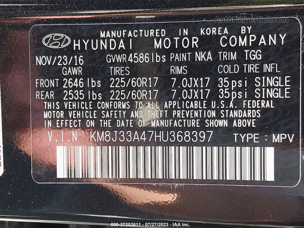 2017 Hyundai Tucson Se Черный vin: KM8J33A47HU368397