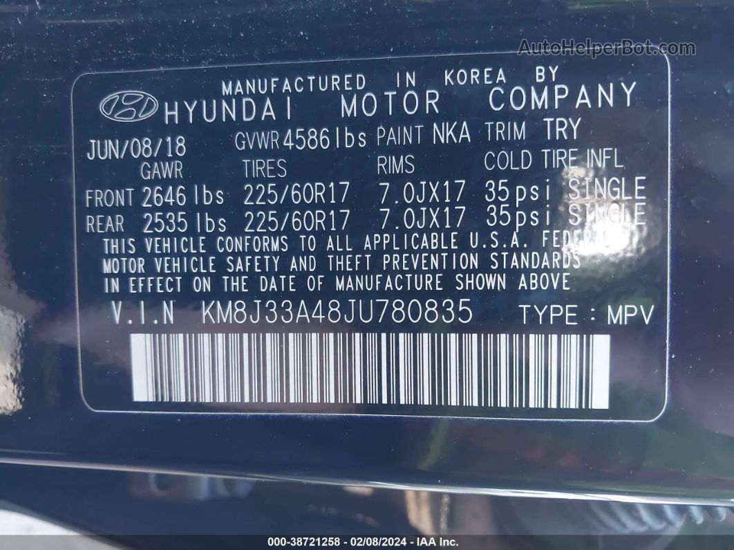 2018 Hyundai Tucson Sel Plus Black vin: KM8J33A48JU780835