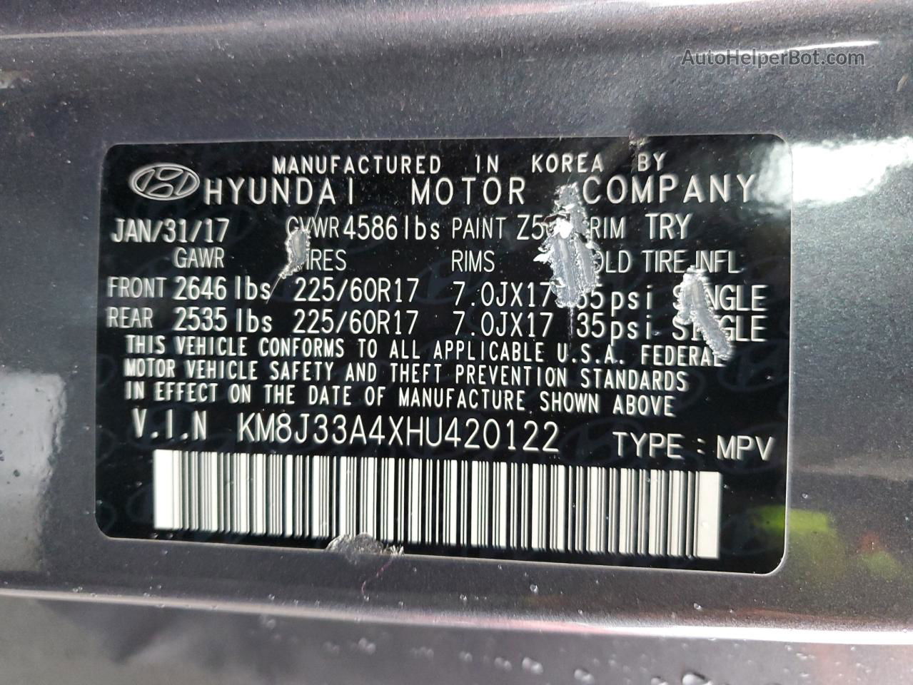 2017 Hyundai Tucson Limited Gray vin: KM8J33A4XHU420122