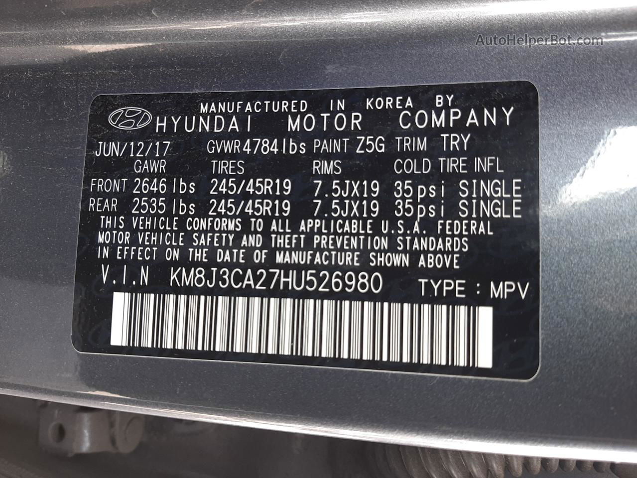 2017 Hyundai Tucson Limited Угольный vin: KM8J3CA27HU526980