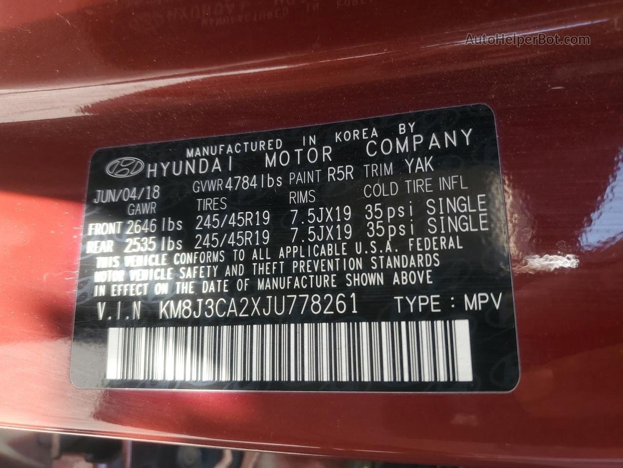 2018 Hyundai Tucson Value Red vin: KM8J3CA2XJU778261