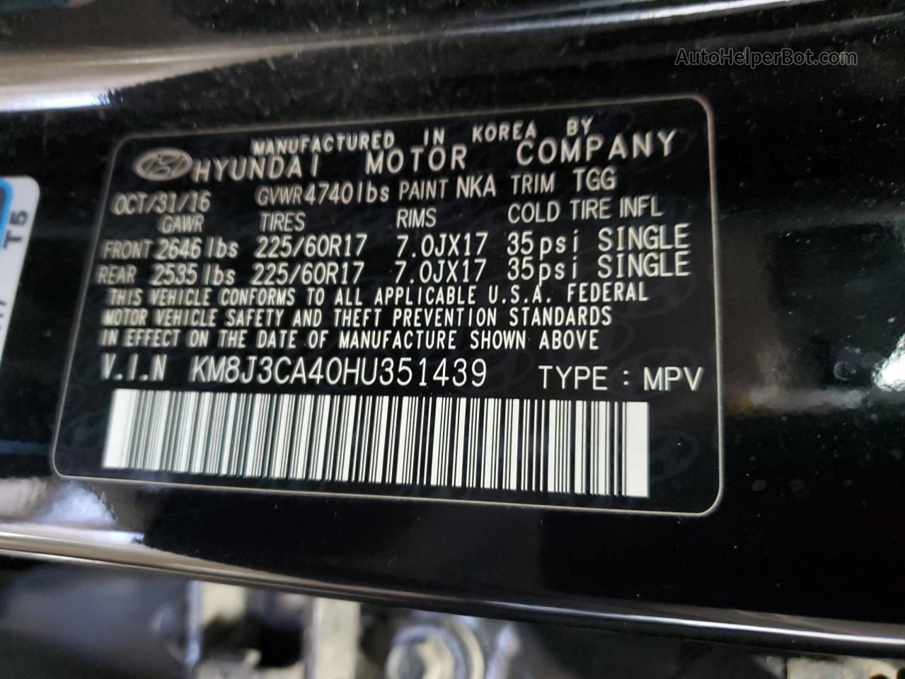 2017 Hyundai Tucson Limited Black vin: KM8J3CA40HU351439