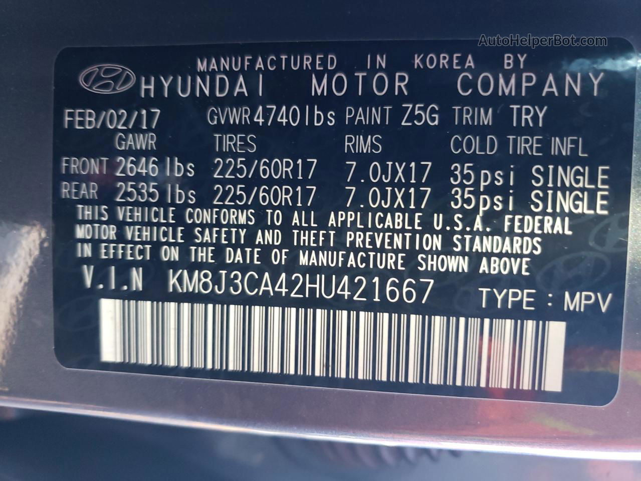 2017 Hyundai Tucson Limited Gray vin: KM8J3CA42HU421667