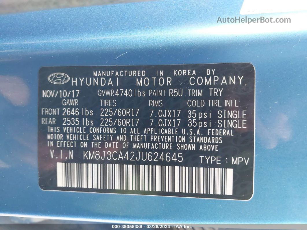 2018 Hyundai Tucson Sel Blue vin: KM8J3CA42JU624645