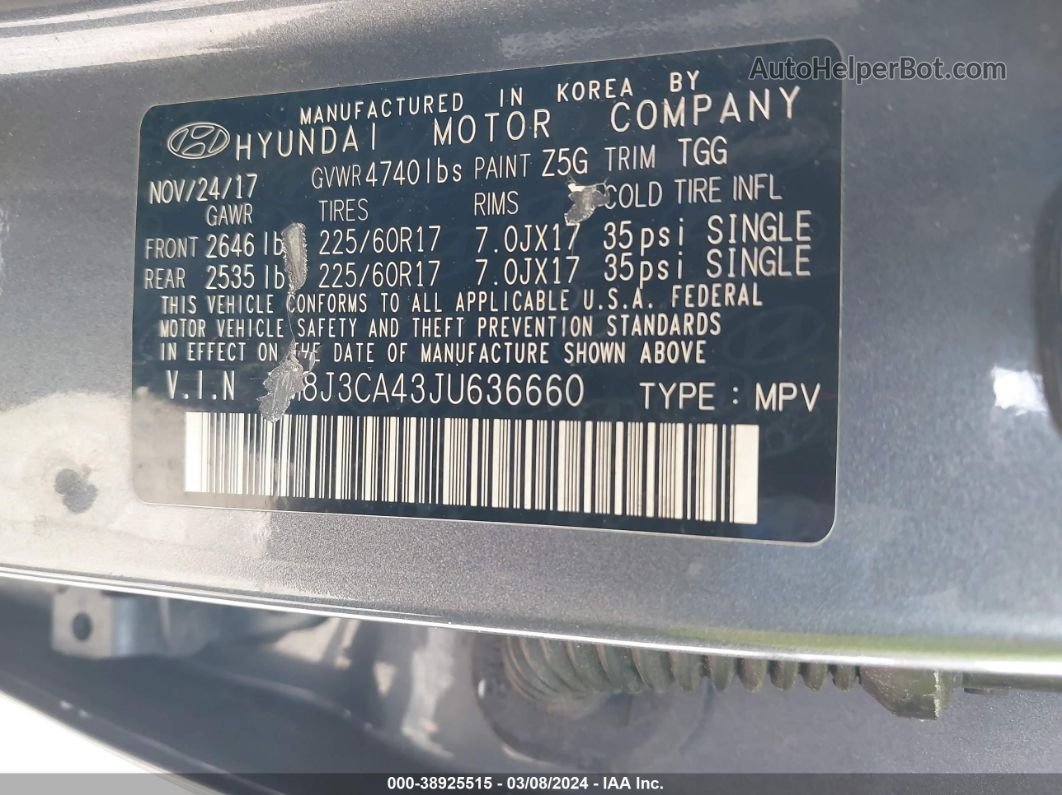 2018 Hyundai Tucson Sel Dark Blue vin: KM8J3CA43JU636660