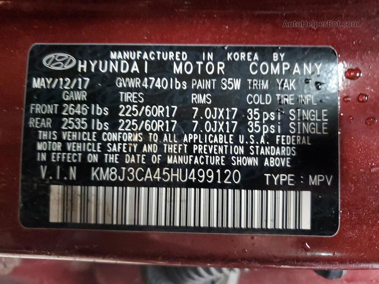 2017 Hyundai Tucson Limited Burgundy vin: KM8J3CA45HU499120