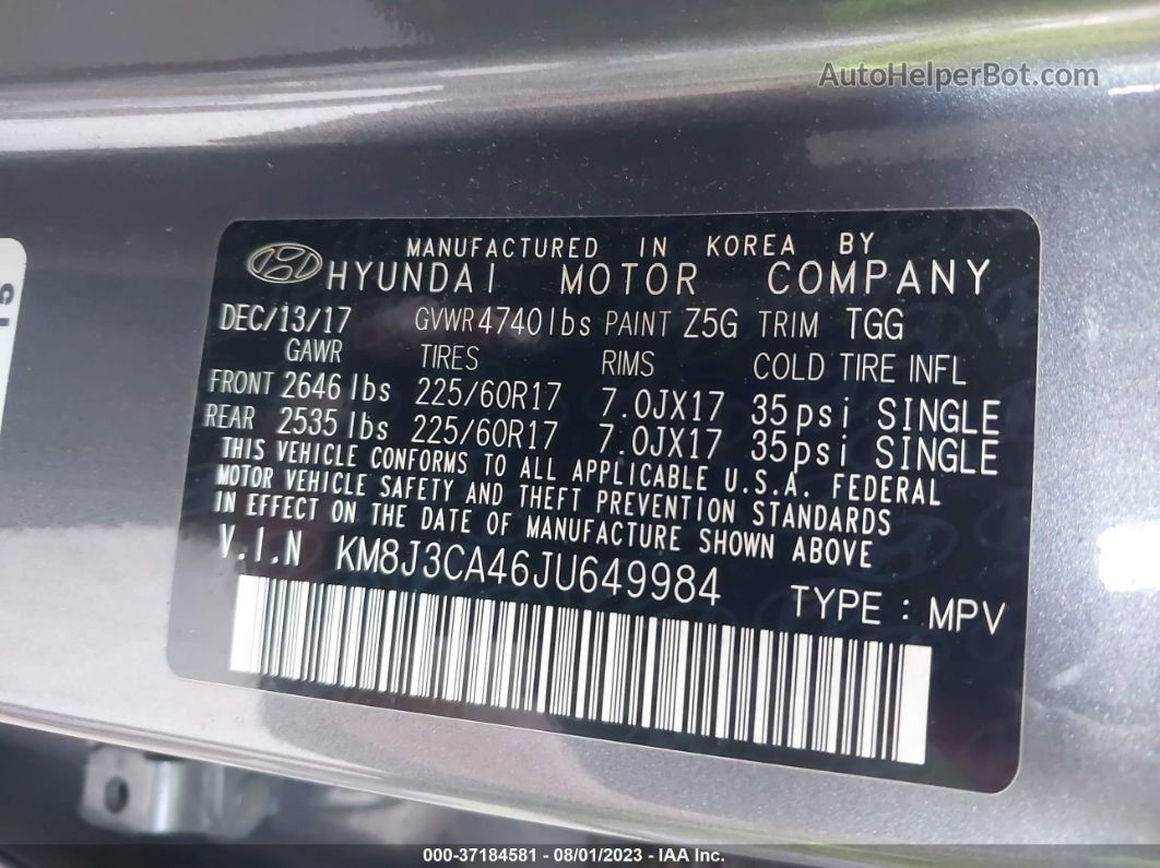 2018 Hyundai Tucson Sel Gray vin: KM8J3CA46JU649984