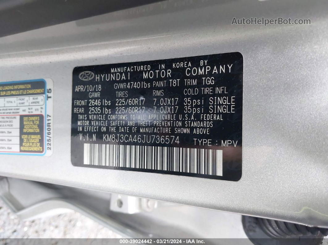 2018 Hyundai Tucson Sel Silver vin: KM8J3CA46JU736574